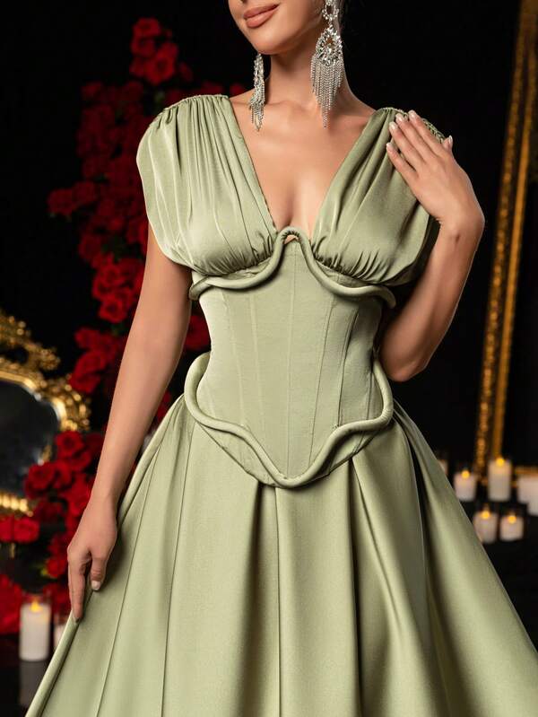 Glamrae Elegantes, luxuriöses, staubgrünes Satin-Abendkleid in Maxilänge mit handgefertigter 3D-Seil-Breite-Träger-Raffung und mehrfachem Fischgräten-Dekor in A-Linie für formelle Anlässe