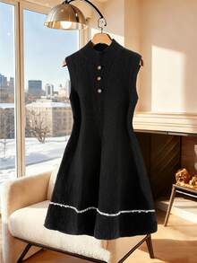 Franclia 女式优雅纽扣设计无袖针织连衣裙，秋季 - 黑色 - 查看 1