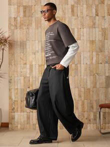 SWAVVY 男士时尚休闲宽松条纹刺绣长裤，秋季 - 黑色 - 查看 8