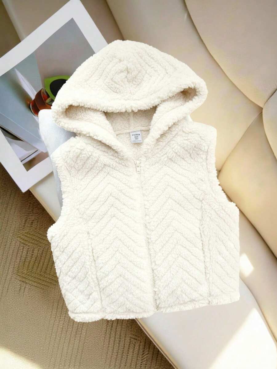 SHEIN 少女休闲街头风舒适双面抓绒连帽拉链短款无袖外套，黑色 - 米色 - 查看 1