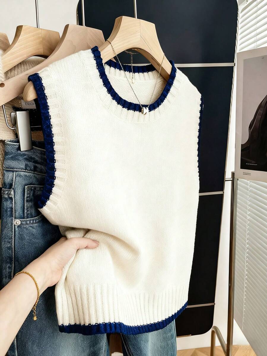 Franclia Casual Loose Crew Neck Sleeveless Knit Contrast Trim Khaki Sweater Top For Women, Spring/Autumn - Beige - View 1