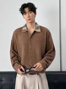 ESTAVOR Men's Casual Contrast Collar Long Sleeve T-Shirt, Autumn/Winter - Brown - View 3