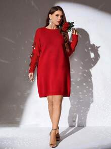 SHEIN Clasi 1pc Women Plus Size Round Neck Sequin Bow Tie Long Sleeve Fitted Sweater Dress - Red - View 4