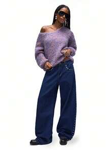 GENKIRA Autumn/Winter New Slouchy V-Neck Long Sleeve Contrast Color Pullover Sweater - Purple - View 6