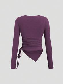 Sweetra Women's Asymmetrical Gray Top & Wide Leg Pants 2 Pieces Set, Spring/Summer Purple Two Piece Set Women Wide Leg Pants Set - Purple - View 4