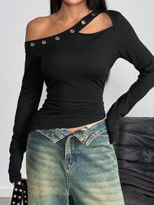 Franclia Women's Casual Chic Street Fashion Simple Solid Color Irregular Neck Grommet Detail Long Sleeve Fitted T-Shirt, Spring/Autumn - Black - View 7