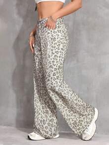 SHEIN 少女Y2K豹纹宽松阔腿牛仔裤，适合秋季、冬季、休闲时尚度假、街头穿搭，展现2000年代风格，也适合圣诞节穿着，豹纹裤，街头风长裤 - 杏色 - 查看 5