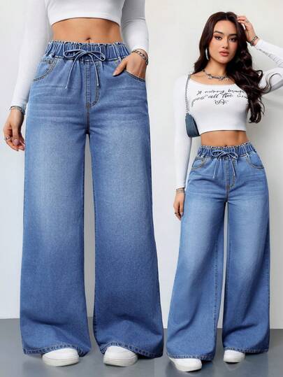 SHEIN Tall Pantalones vaqueros casuales de cintura alta y pierna ancha para mujer, pantalones vaqueros azules de verano, ropa de mujer con cintura elástica, pantalones rectos casuales, ropa de verano para mujer, ropa para salir, ropa para festivales de música, pantalones vaqueros de verano para mujeres altas, pantalones vaqueros de verano para mujer, pantalones de mujer, pantalones vaqueros de mujer, ropa de vacaciones para mujer, ropa de playa para mujer