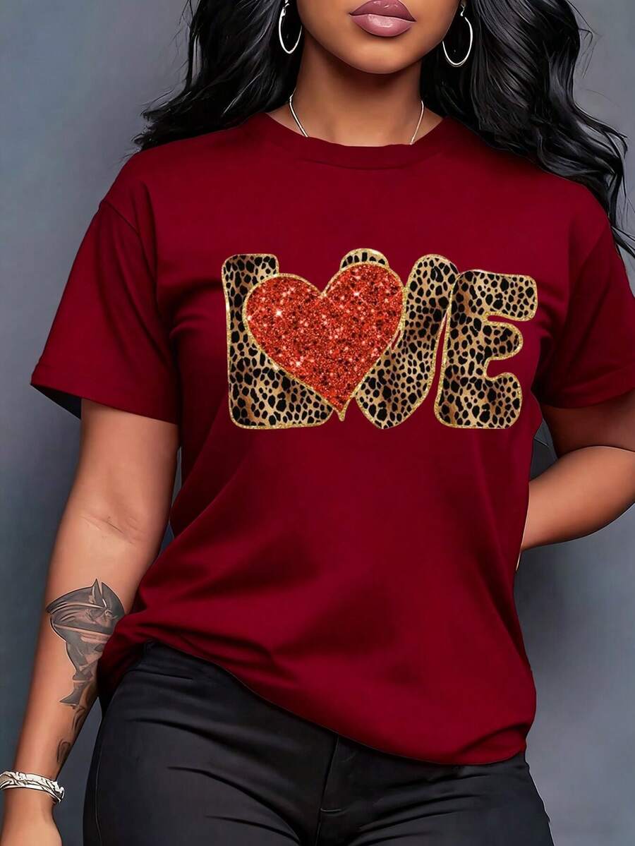 Maweii Áo thun nữ in họa tiết "LOVE", thiết kế hình trái tim họa tiết da báo, áo thun cổ tròn tay ngắn ngày lễ tình nhân, chất vải co giãn nhẹ phù hợp mọi mùa, trang phục cơ bản dành cho nữ, áo thun nữ - Màu Đỏ Sâu - Xem 1