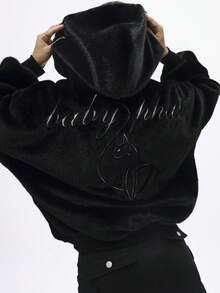 BABYPHAT Áo khoác bomber lông thú giả cỡ lớn có mũ trùm đầu, khóa kéo toàn bộ và cổ tay bo gân cho thời trang mùa đông thu đông - màu đen - Xem 1