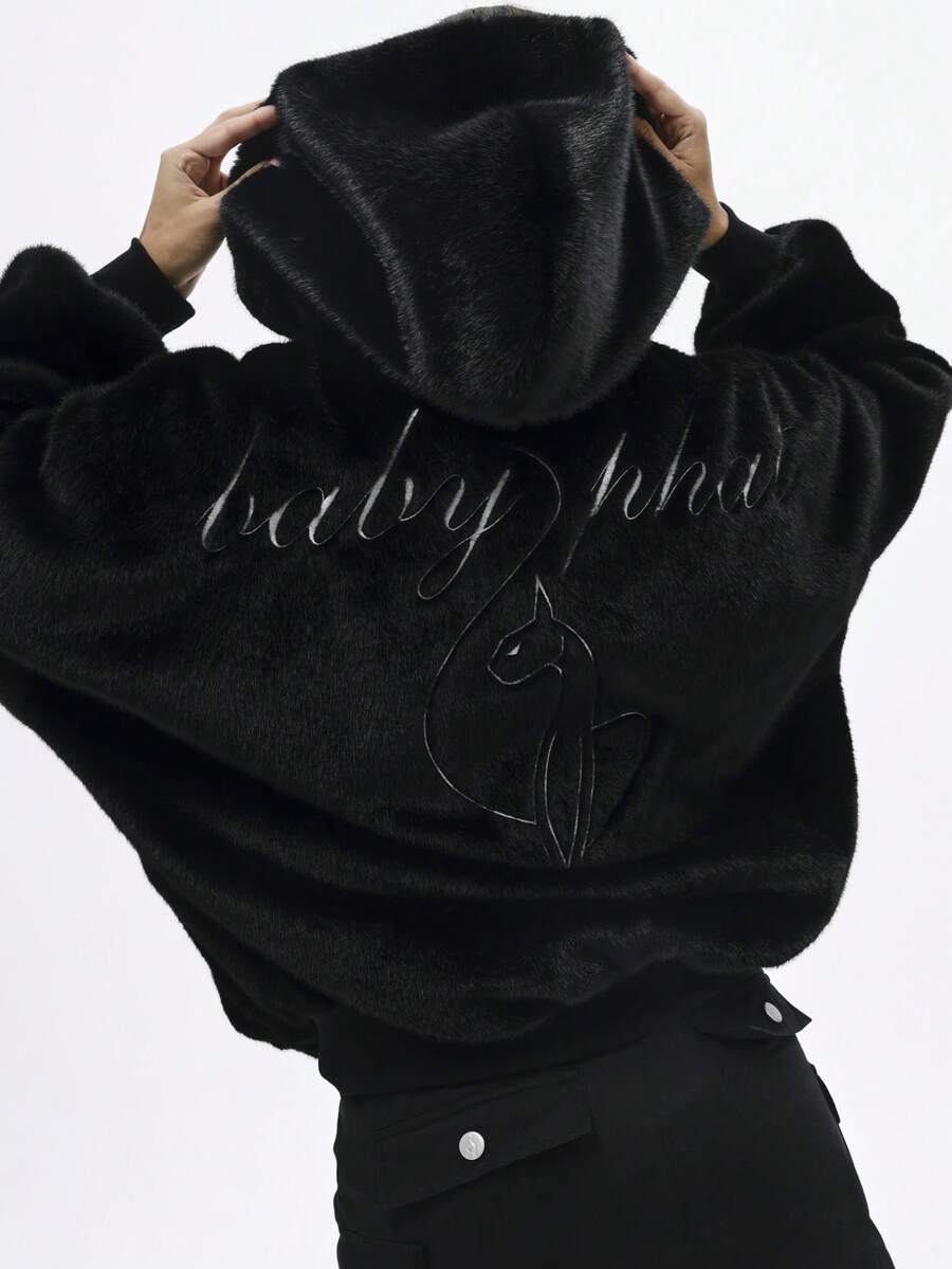 BABYPHAT Áo khoác bomber lông thú giả cỡ lớn có mũ trùm đầu, khóa kéo toàn bộ và cổ tay bo gân cho thời trang mùa đông thu đông - màu đen - Xem 1