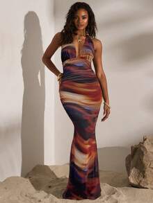 Opulessa Knitted Mesh Printed Halter Dress For Women, Suitable For Spring/Summer Vacation - Multicolor - View 4