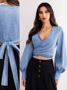 Elenzga 女士休闲牛仔衬衫 - 藍色 - 查看 1