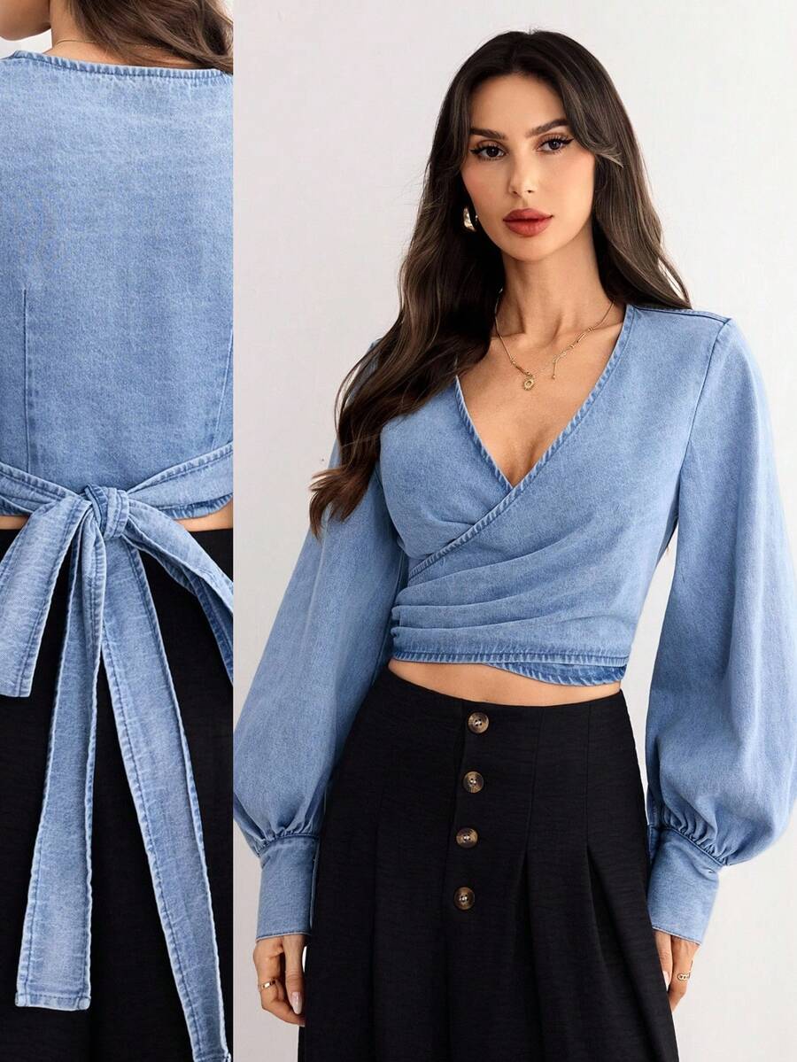 Elenzga 女士休闲牛仔衬衫 - 藍色 - 查看 1