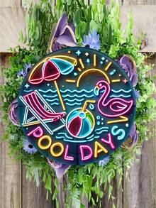 No Electricity Required! 1pc Retro Neon Flamingo Pool Party Metal Sign, 8x8 Inches, Wall Mounted, Rust-Proof, Pre-Drilled For Easy Installation, Versatile For Home, Garage, Cafe, Club Decoration, Ideal Gift - English Text, Pre-Drilled Holes, Random Style - Multicolor - View 4