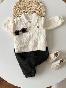 SHEIN 2pcs Baby Boy Casual Versatile Autumn/Winter Simple Turndown Collar Sweatshirt & Pants Set, Suitable For Birthday Party, Rave, Evening Party, Performance, Wedding, Baby's 1st Month, Christening And 1st Birthday Celebration, Wedding Guest, Baby Shower Christening Outfit