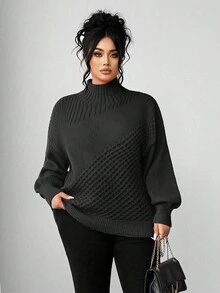 Elenzga Plus Size Women Solid Color Turtleneck Knit Pullover Sweater, Versatile For Daily Wear, Winter - Black - View 6