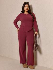 Elaquor 2pcs/Set Women Plus Size Casual Solid Color Long Sleeve Top And Pants - Burgundy - View 5