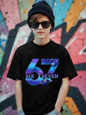 Boys' Casual Stylish Creative Personalized Refreshing High-End Simple Numeric 67 Universe Planet Graphic Letter Slogan Print Comfortable Basic Short T-Shirt, Cozy Summer & Fall Styles Suitable For Boys' Daily Wear