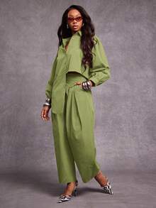 NYA SZN Long Sleeve Oversized Loose Buttons Collar Drape Detail High Low Hem Shirt, Teacher Summer - Green - View 5