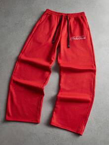 PAVTROS 男士街头复古风运动裤，弹力腰带抽绳针织慢跑裤，抓绒面料，亮片面料和图案，星空图案，复古手写字母图案，秋冬街头服饰，嘻哈风，送给男友的礼物，男士星空印花运动裤。街头服饰，朋友，情侣装，宽松版型，男士，印花，日系风格，男女皆宜，我爱我的女朋友 - 紅色 - 查看 1