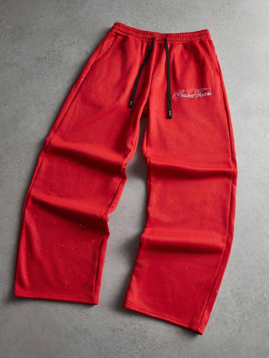 PAVTROS 男士街头复古风运动裤，弹力腰带抽绳针织慢跑裤，抓绒面料，亮片面料和图案，星空图案，复古手写字母图案，秋冬街头服饰，嘻哈风，送给男友的礼物，男士星空印花运动裤。街头服饰，朋友，情侣装，宽松版型，男士，印花，日系风格，男女皆宜，我爱我的女朋友 - 紅色 - 查看 1