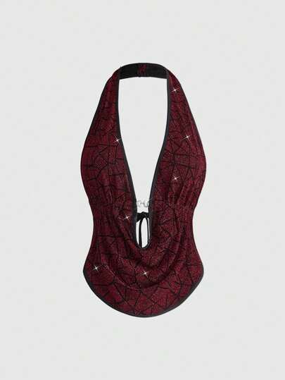 J-Fashion Women's Retro New Year Christmas Millennium Style Sequin Sexy Halter Textured Fabric Swing Camisole