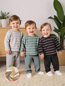 Vintaside Kids 3pcs Baby Boy Striped Crew Neck Long Sleeve Tops, Casual Spring/Autumn - Multicolor - View 8