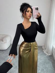 Elenzga Independence Day Party New Fashion Women's Dress, French Elegant Vintage Shiny Stretchy Fabric, Stylish Black+Gold Splice Oblique Collar Ruffle Hem Fitted Flared Hem Casual Versatile Long Sleeve Dress - Black and Gold - View 7