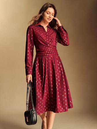 Écloséra 新款优雅复古法式褶裥连衣裙，修身显瘦，金色月亮图案，长袖，酒红色，秋冬款