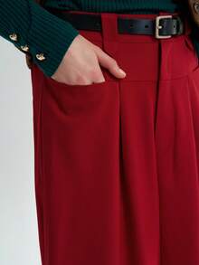 Airaco 女士纯色褶裥阔腿宽松休闲裤，带口袋 - 酒紅色 - 查看 6