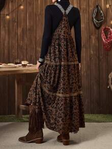 Váy len kiểu phương Tây LanaWest dành cho nữ, chất liệu nhung kẻ màu nâu, họa tiết da báo, dây đeo có thể điều chỉnh, viền vá, thích hợp mặc hàng ngày - màu nâu - Xem 2