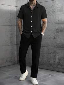 Manfinity CasualCool 男士纯色提花针织短袖衬衫 - 黑色 - 查看 4