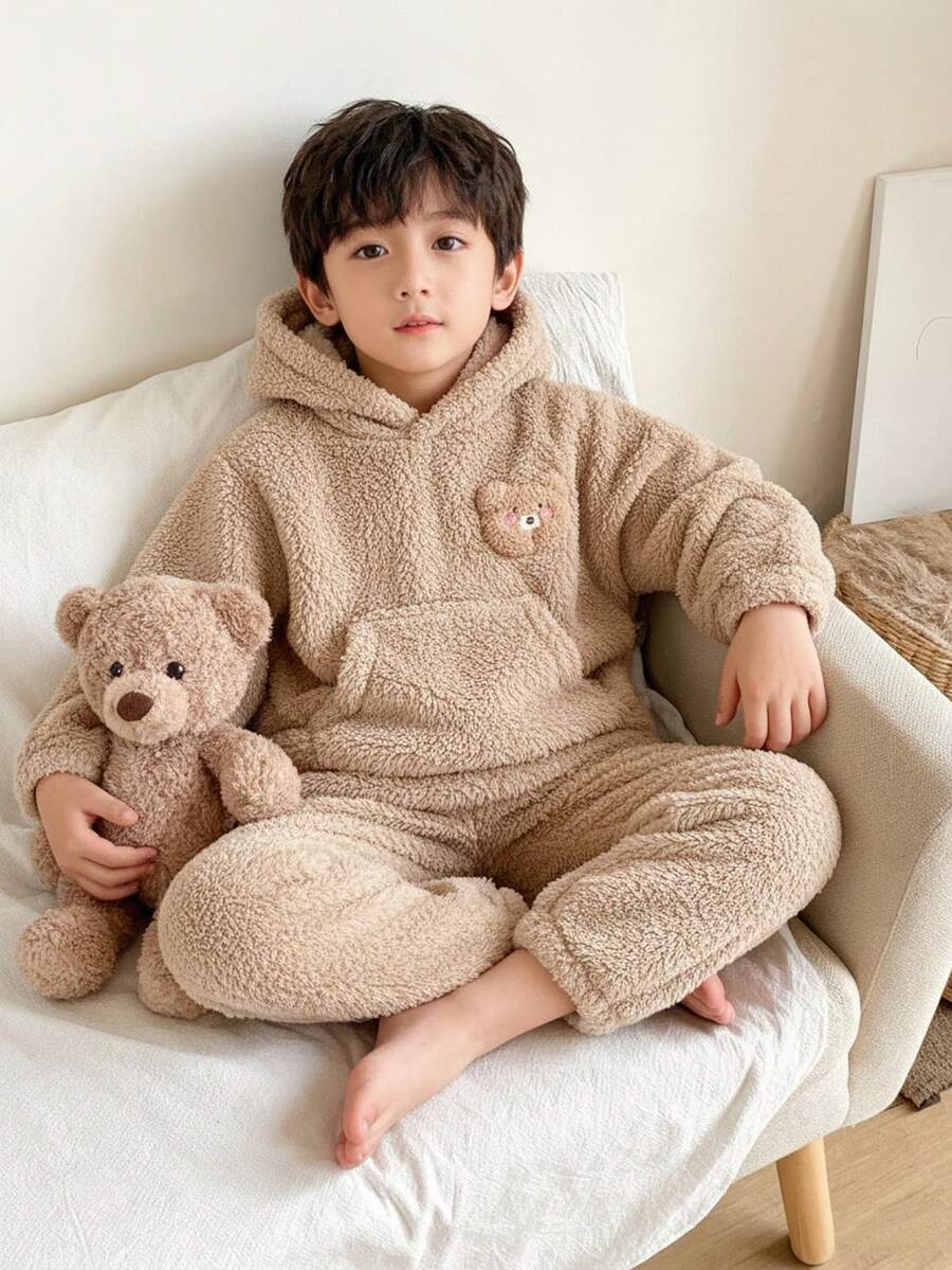 2件套男童可爱熊耳连帽衫和宽松长裤棕色毛绒舒适休闲家居服套装