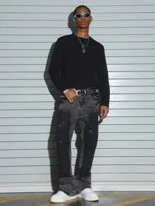 PAVTROS Men's Fashionable American Washed Shadow Rhinestone Embellished Flared Jeans Glitter Jeans - Grey - View 5