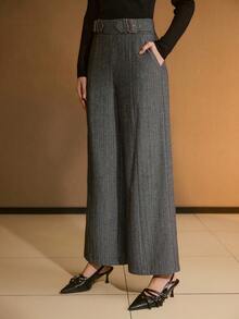 MOTF PREMIUM HERRINGBONE BUCKLE DETAIL ZIP BACK WIDE LEG PANTS - Black - View 4