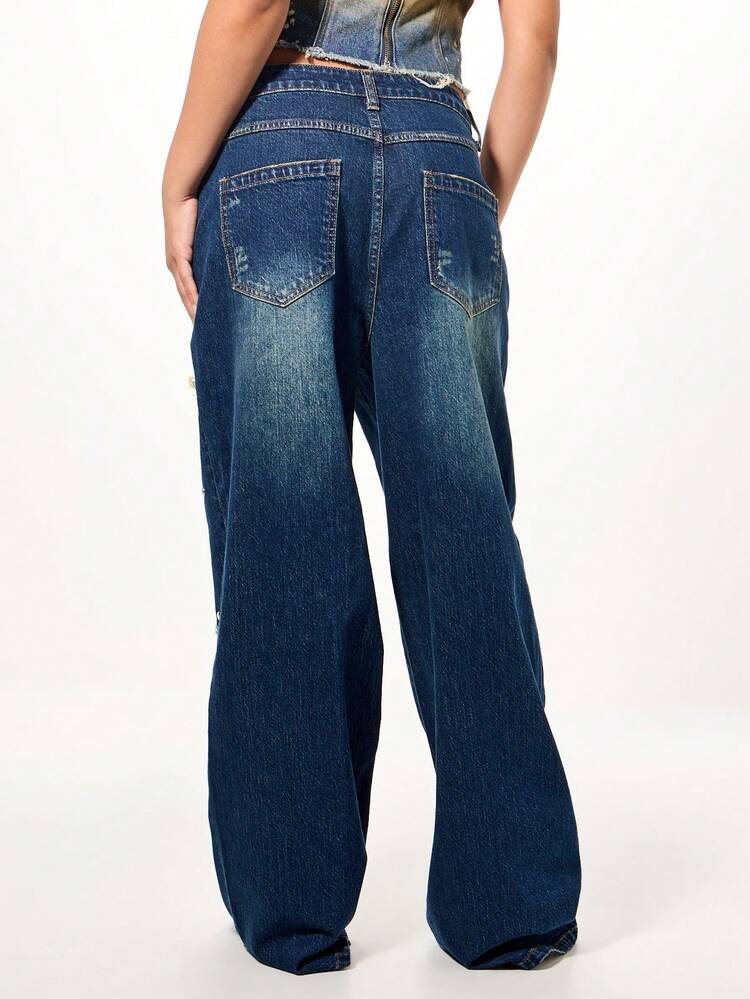 SUMWON Distressed Baggy Denim Jeans With Checkered Patches And Metal Studs Wide Leg Low Rise Festival Grunge Style