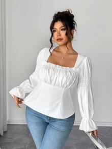 Elenzga 大码女士优雅翻领收腰长袖衬衫，适合外出和返校季，秋冬季 - 白色 - 查看 5