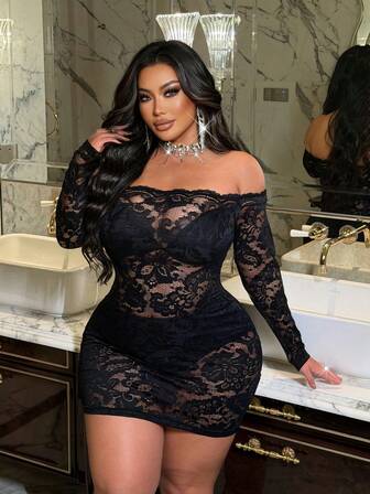 NU&NOW Plus Size Lace Sexy Sheer Floral Splice Off-Shoulder Long Sleeve Dress