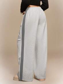 女士时尚休闲学院风抽绳腰带松紧腰褶皱宽松运动裤，适合日常穿着、运动装、返校穿搭 - 灰色 - 查看 2