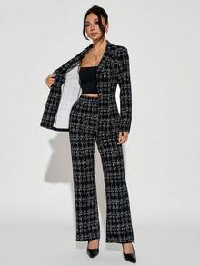 SHEIN PETITE 女士优雅格纹翻领长袖外套和裤子套装，适合派对和晚宴穿着，春夏/夏秋两季女装，适合办公室穿着，女士套装 - 黑與白 - 查看 10