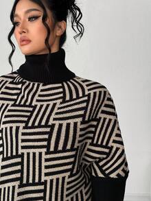 Elenzga Plus Size Asymmetrical Batwing Sleeve Turtleneck Contrast Color Knit Sweater, Casual & Comfortable Fall Winter - Multicolor - View 5