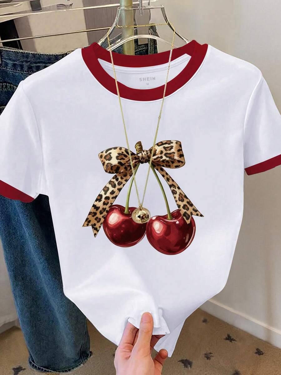 Resyla 女士撞色豹纹樱桃印花短袖休闲圆领T恤 - 白色 - 查看 1
