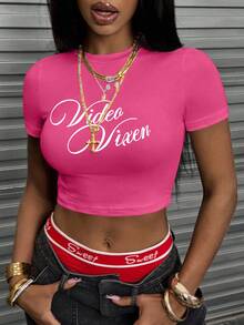 INAWLY Women's Letter Print Round Neck Fitted Cropped T-Shirt - Hot Pink - View 5