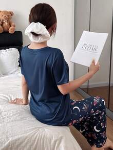 SHEIN Butterfly & Crescent Moon Print Short Sleeve Pajama Set For Women Women Pjs Set Summer Pijama Sets For Women Sleep Wear Women 2 Piece Set Pajama Sets For Women Pajamas Set For Woman - Navy Blue - View 2