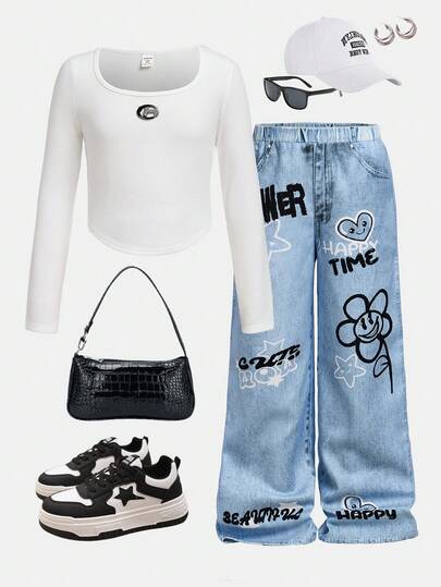 SHEIN Girlism 青少年女孩街头休闲不对称下摆 U 领长袖 T 恤和牛仔效果裤两件套