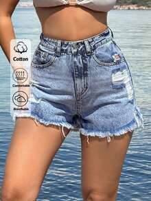 SHEIN 100%Cotton Blue Label Detailed Short With Destroy - Light Wash - View 1