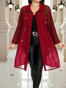 Gownix Áo cánh lưới mỏng sequin gợi cảm và thanh lịch cỡ lớn cho tiệc tùng, hộp đêm - Màu Đỏ Sâu - Xem 4