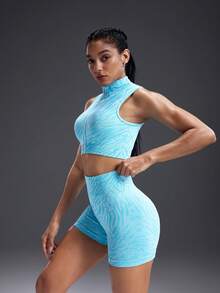 Powerista Women's Zebra Print Zip Front Vest And Shorts Sports Suit - Blue - View 3