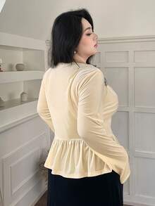 Dazy Plus Valentine Velvet Oblique Collar Rhinestone Decor Fitted Elegant Pullover Long Sleeve Blouse - Apricot - View 2